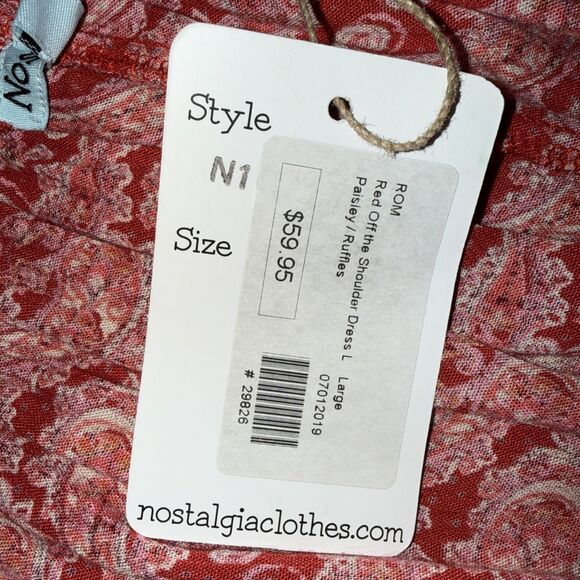 Nostalgia Red Orange Paisley Off Shoulder Dress Boho Ruffle Belted Midi L NWT - Picture 8 of 13